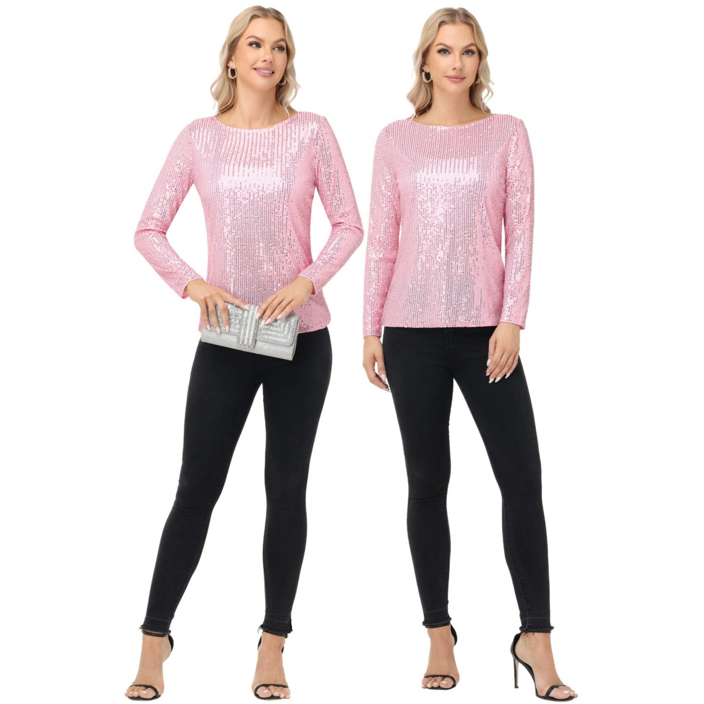 Long Sleeve Sequin Top with Crew Neck and Fitted Silhouette