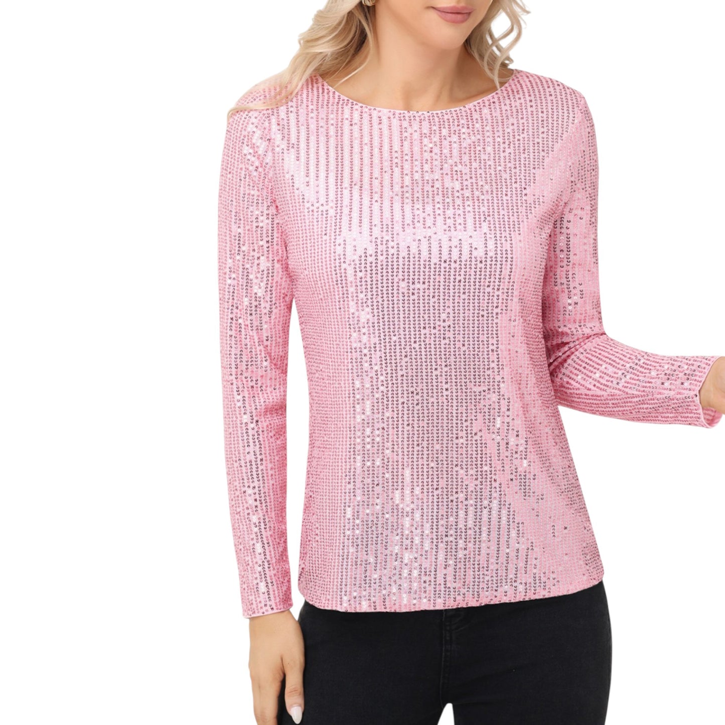 Long Sleeve Sequin Top with Crew Neck and Fitted Silhouette