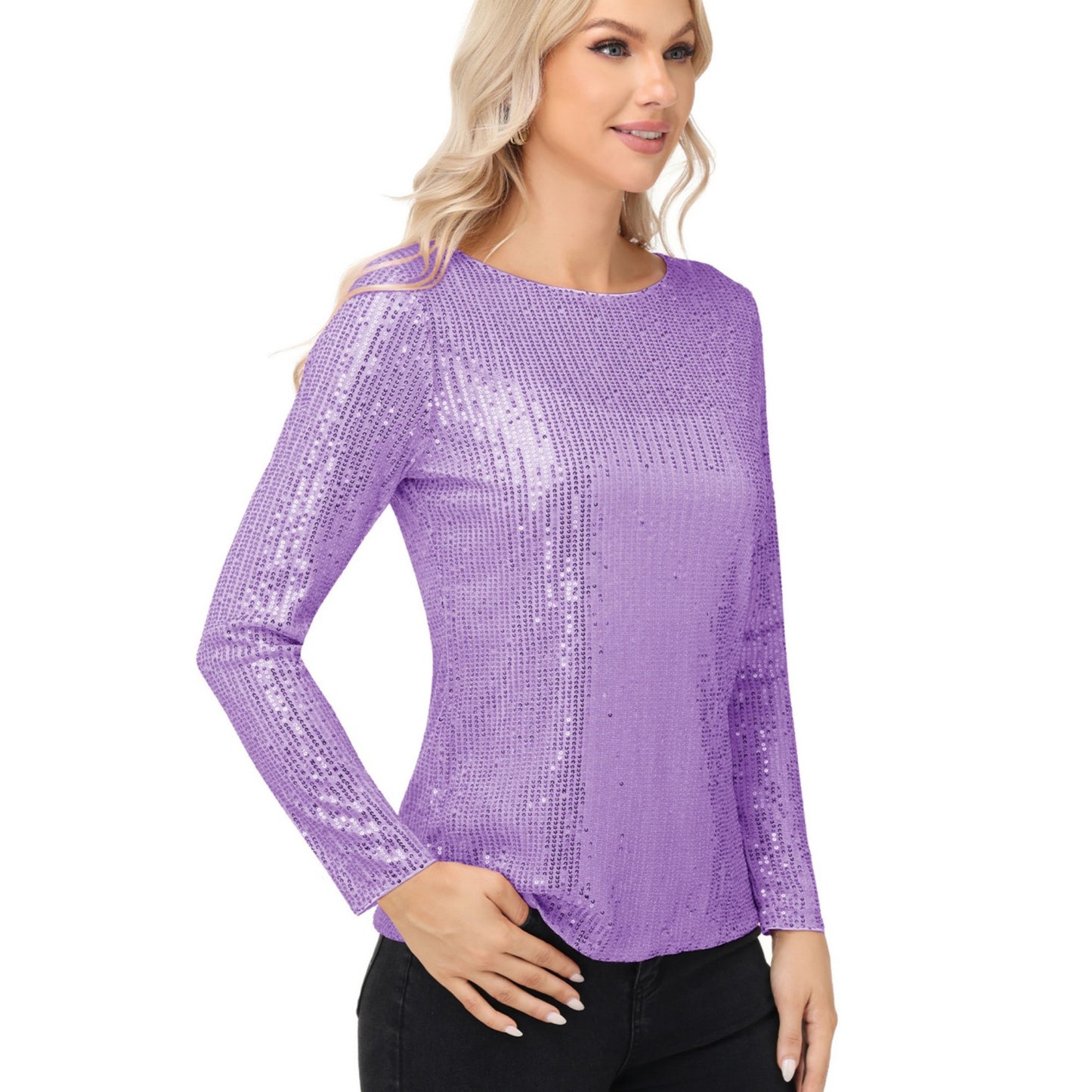 Long Sleeve Sequin Top with Crew Neck and Fitted Silhouette