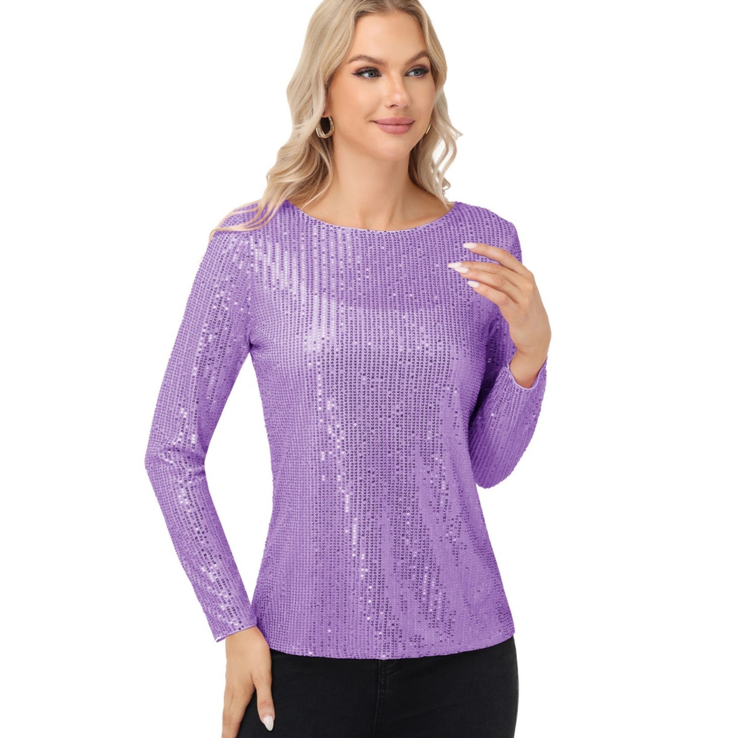 Long Sleeve Sequin Top with Crew Neck and Fitted Silhouette