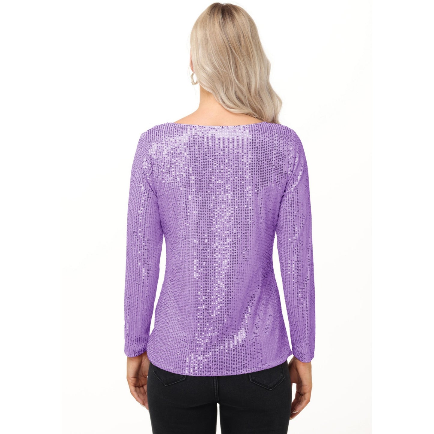 Long Sleeve Sequin Top with Crew Neck and Fitted Silhouette