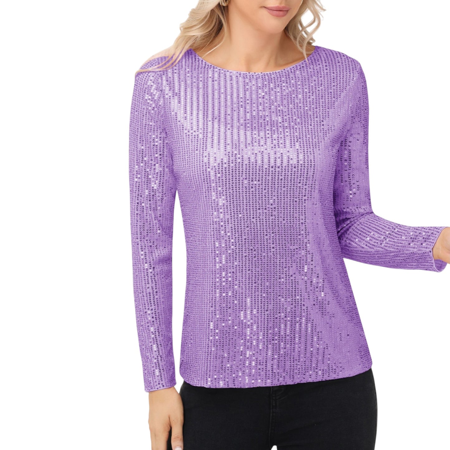 Long Sleeve Sequin Top with Crew Neck and Fitted Silhouette