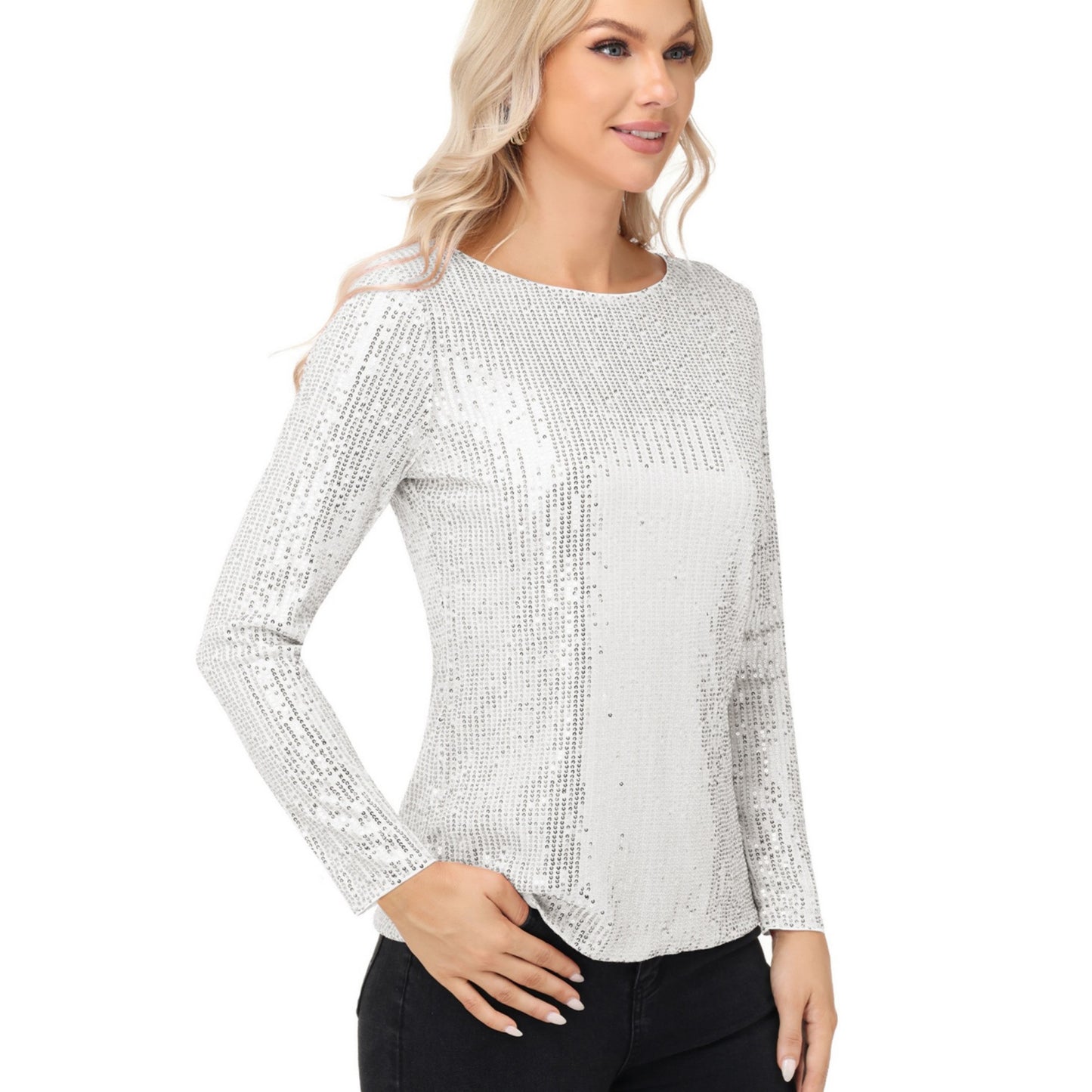 Long Sleeve Sequin Top with Crew Neck and Fitted Silhouette