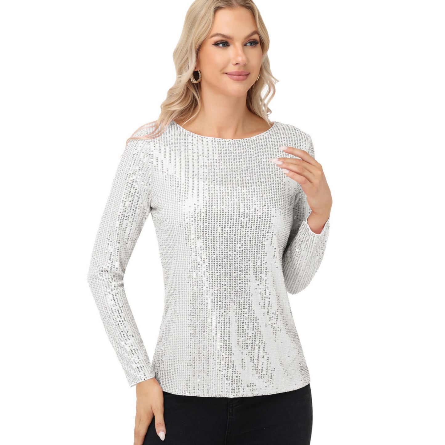 Long Sleeve Sequin Top with Crew Neck and Fitted Silhouette