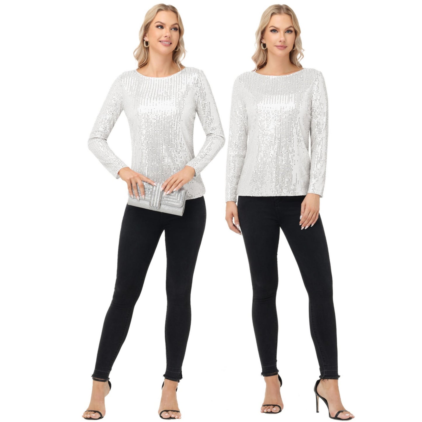 Long Sleeve Sequin Top with Crew Neck and Fitted Silhouette