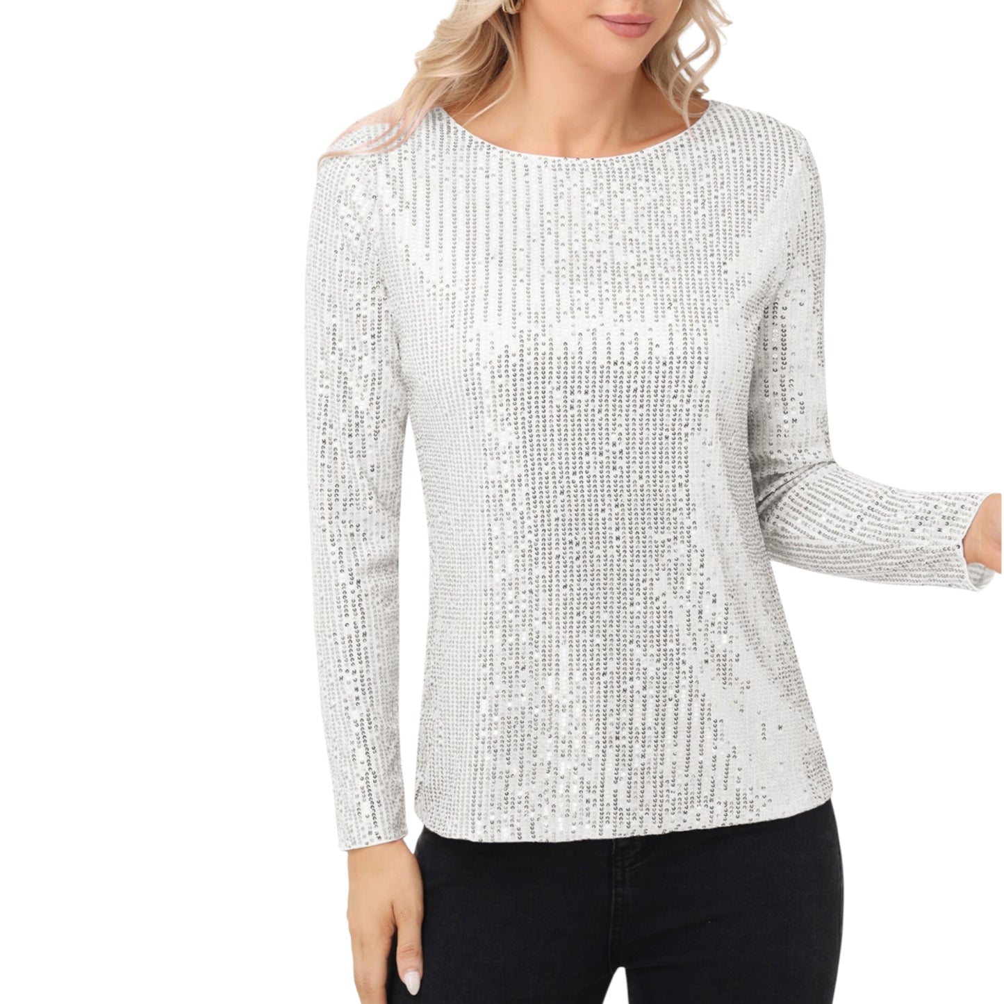 Long Sleeve Sequin Top with Crew Neck and Fitted Silhouette