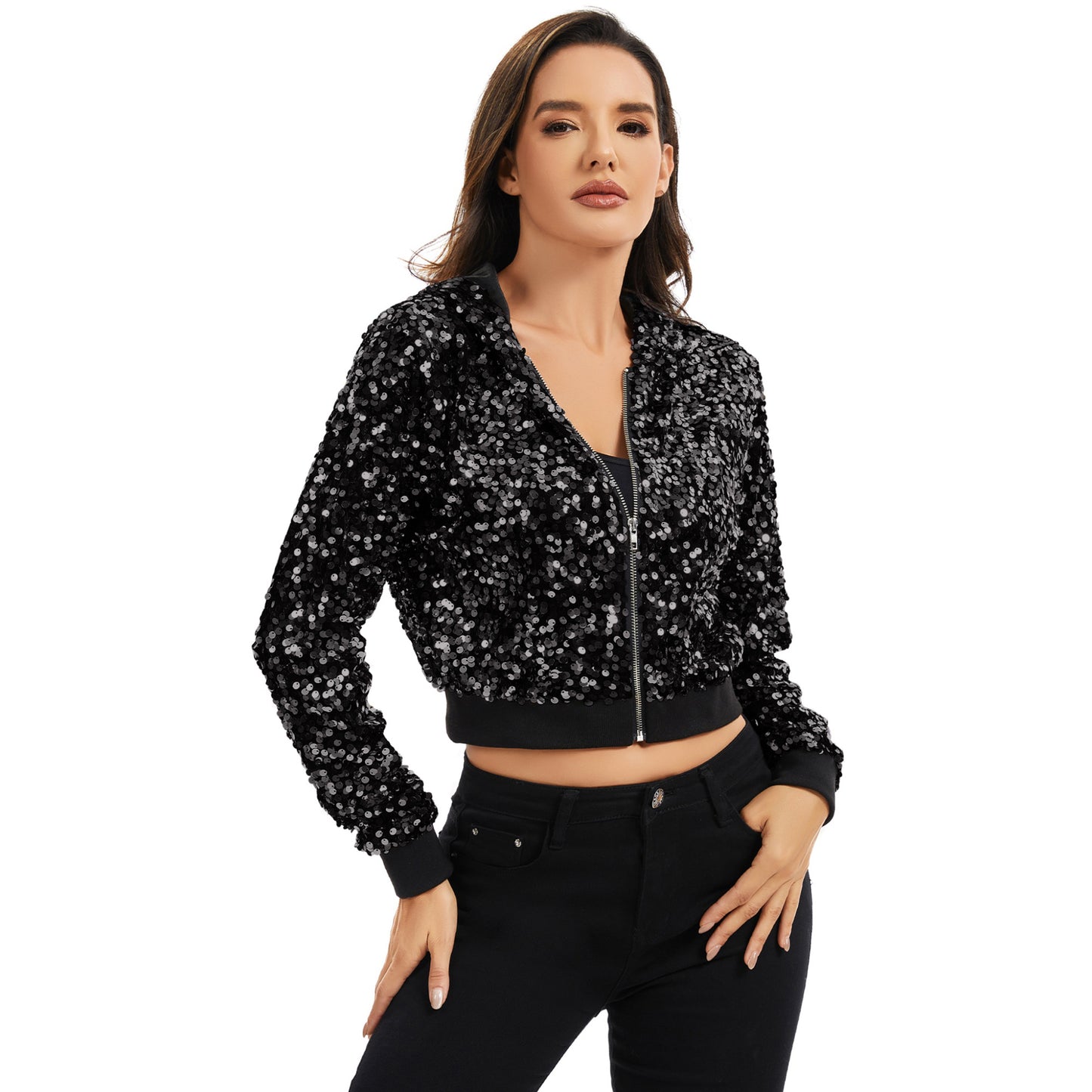 Sequin Zip-Up Hooded Jacket with Ribbed Hem and Long Sleeves for Party Wear