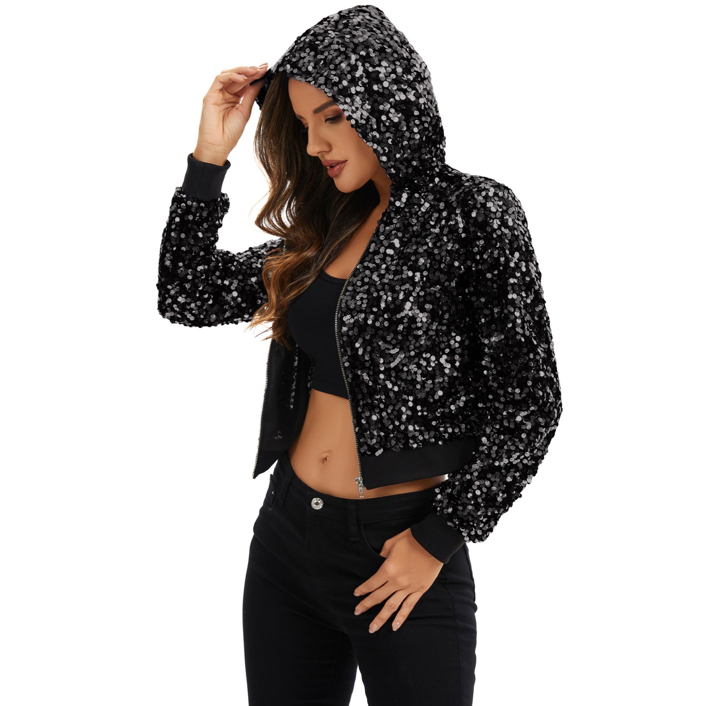 Sequin Zip-Up Hooded Jacket with Ribbed Hem and Long Sleeves for Party Wear