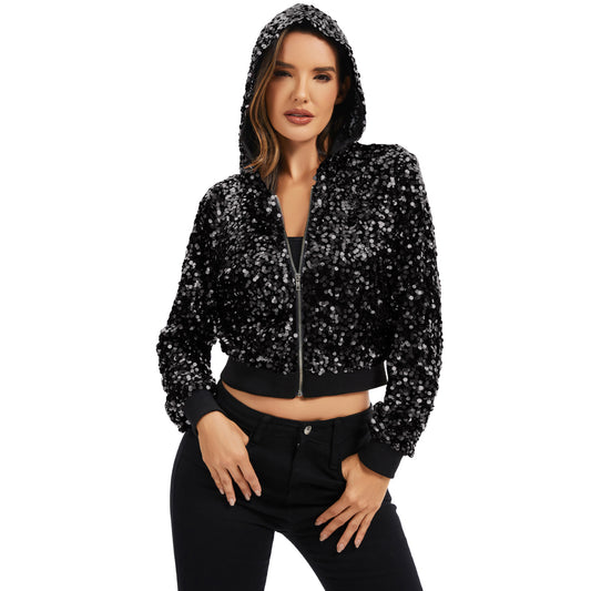 Sequin Zip-Up Hooded Jacket with Ribbed Hem and Long Sleeves for Party Wear