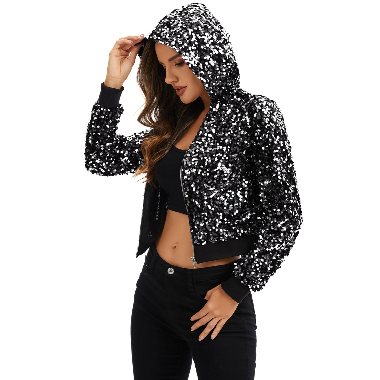 Sequin Zip-Up Hooded Jacket with Ribbed Hem and Long Sleeves for Party Wear
