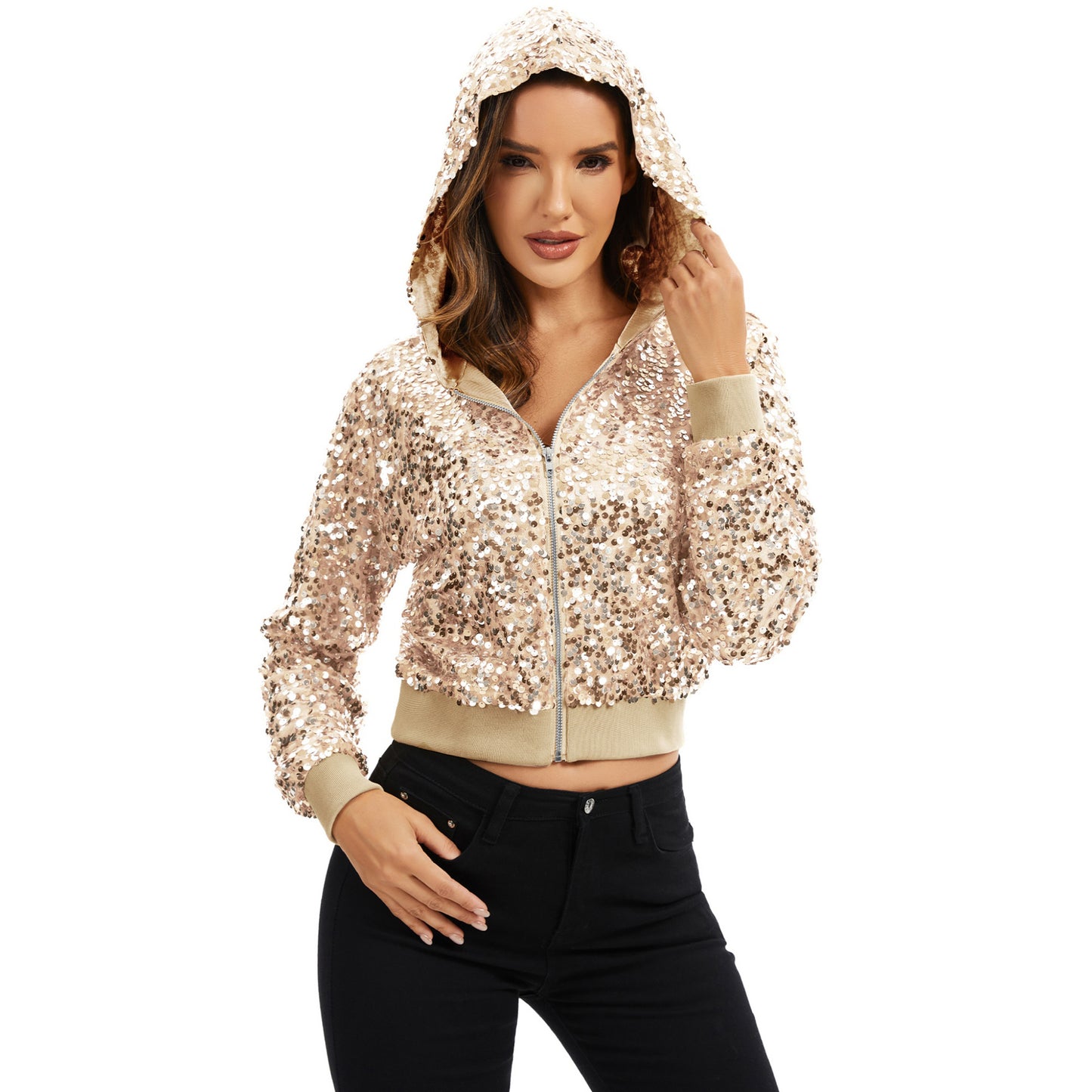 Sequin Zip-Up Hooded Jacket with Ribbed Hem and Long Sleeves for Party Wear