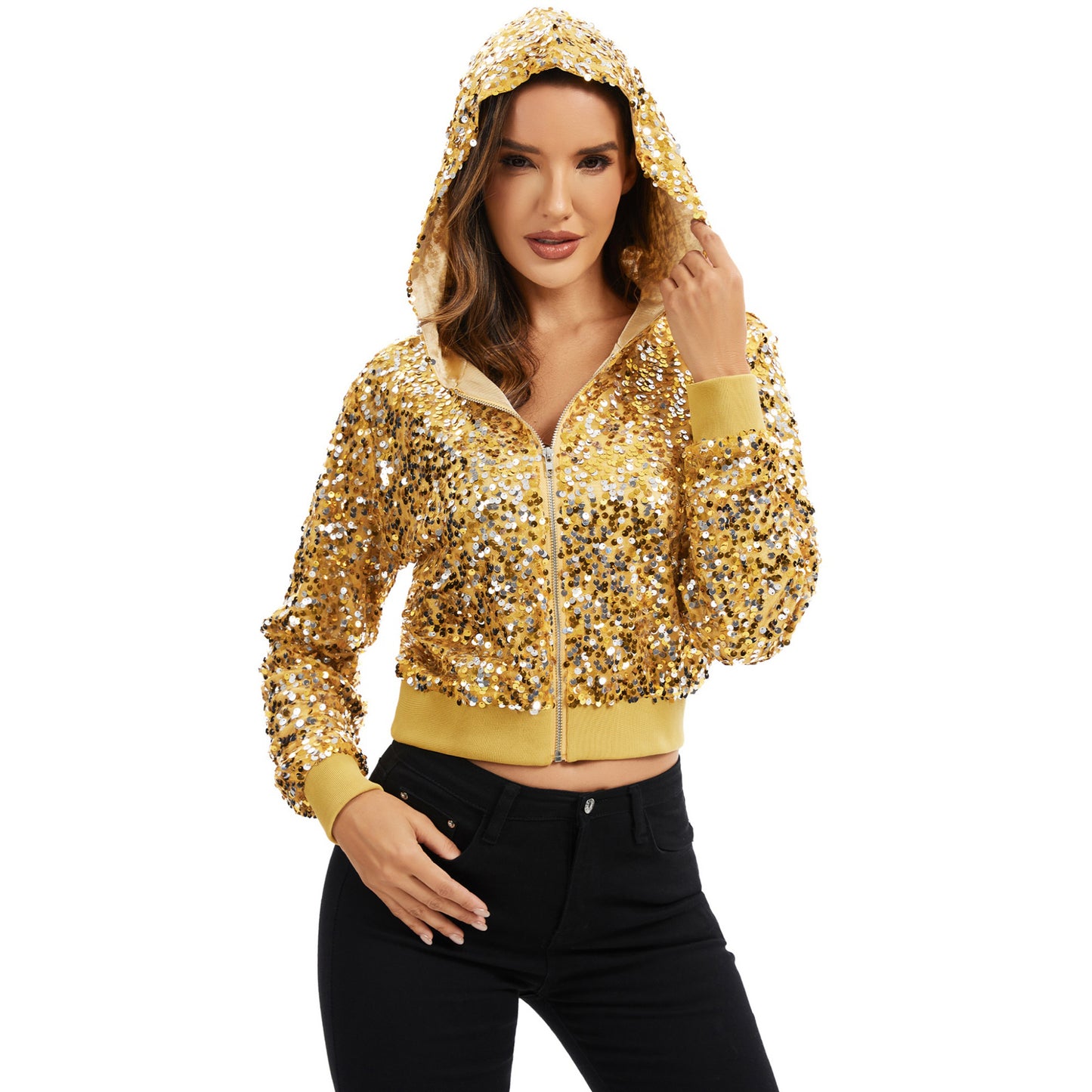 Sequin Zip-Up Hooded Jacket with Ribbed Hem and Long Sleeves for Party Wear