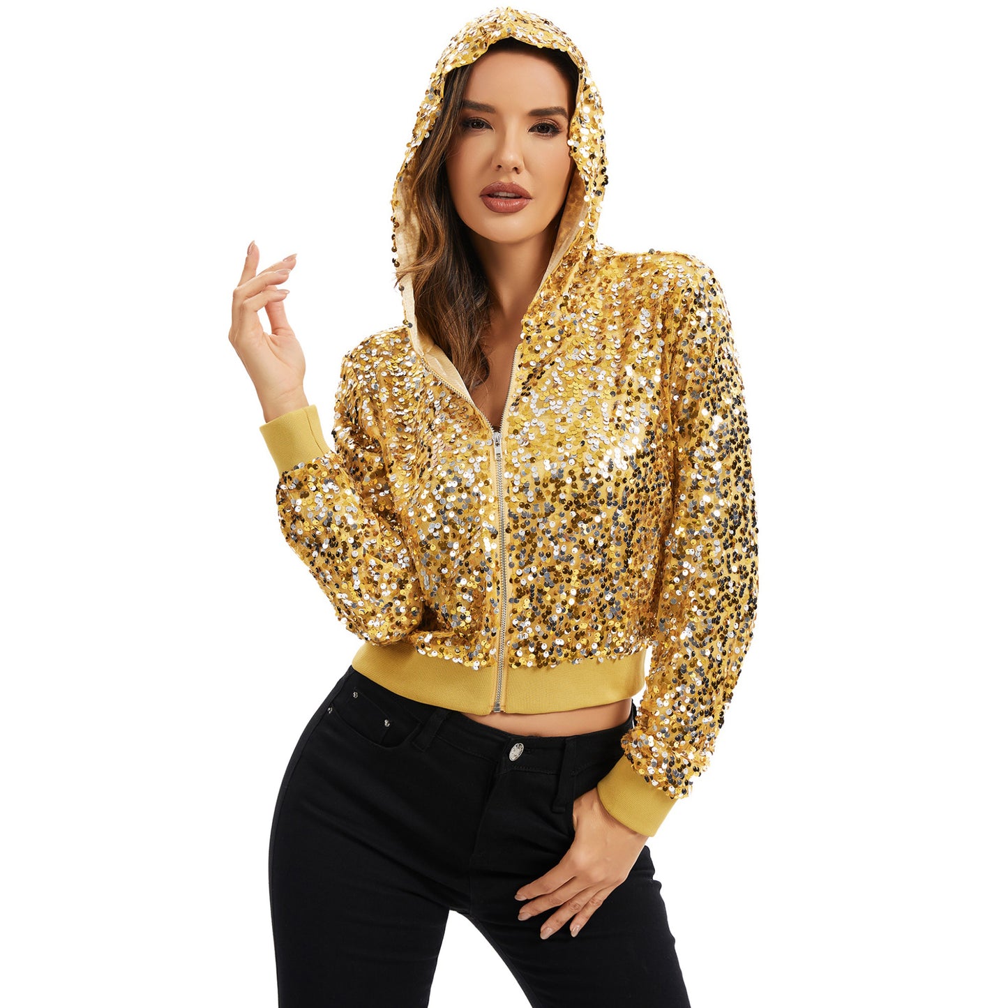 Sequin Zip-Up Hooded Jacket with Ribbed Hem and Long Sleeves for Party Wear