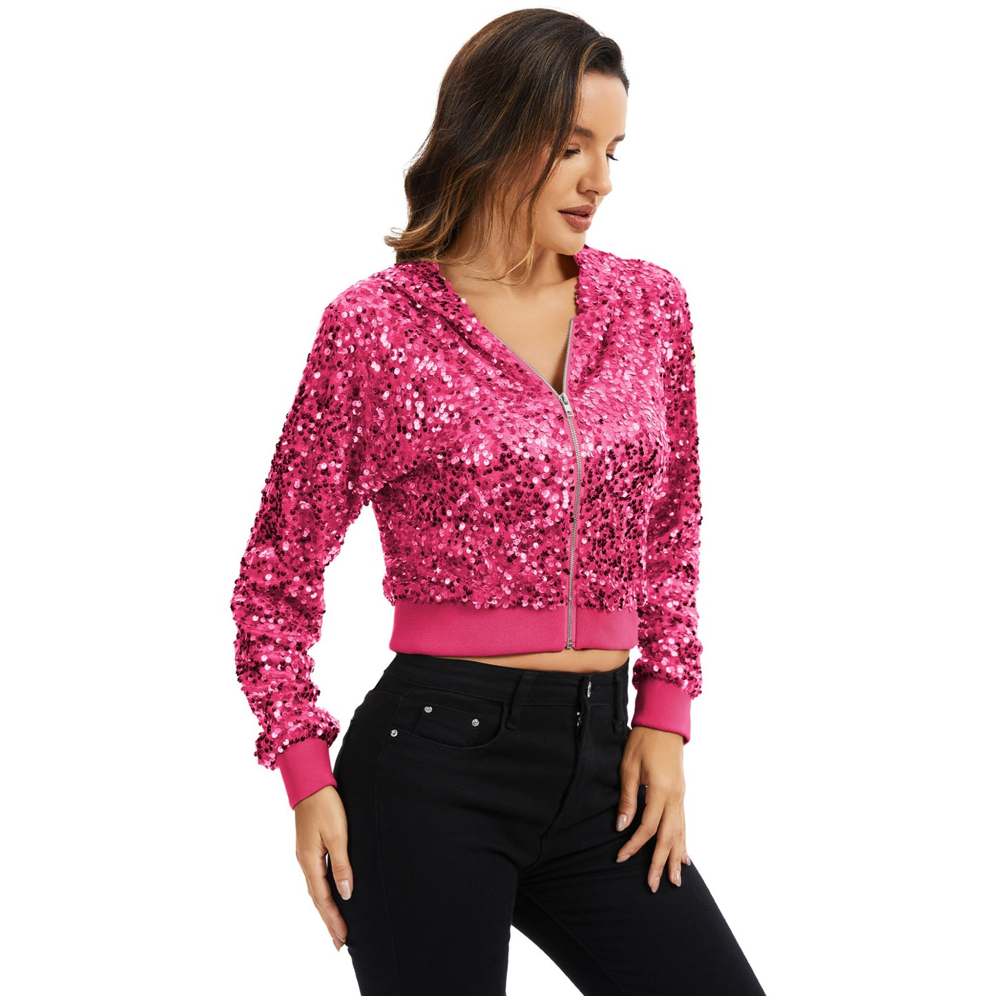 Sequin Zip-Up Hooded Jacket with Ribbed Hem and Long Sleeves for Party Wear