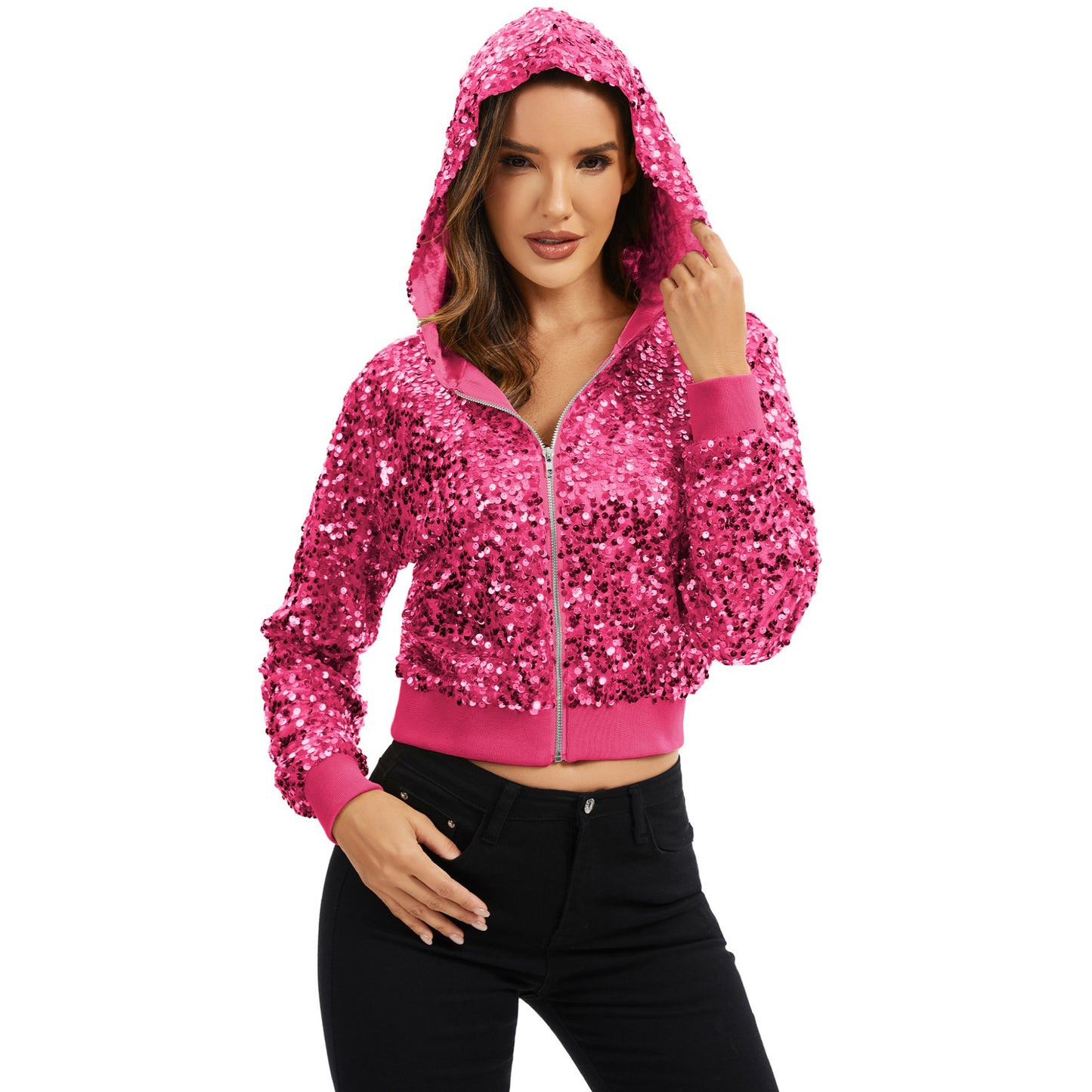 Sequin Zip-Up Hooded Jacket with Ribbed Hem and Long Sleeves for Party Wear