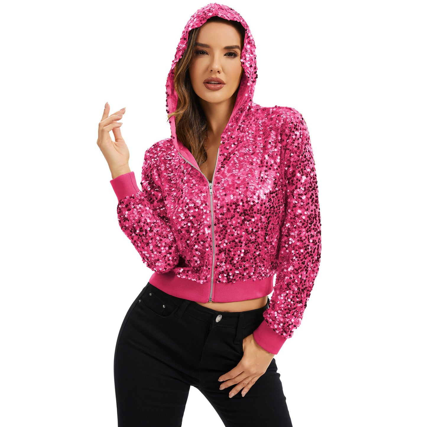 Sequin Zip-Up Hooded Jacket with Ribbed Hem and Long Sleeves for Party Wear
