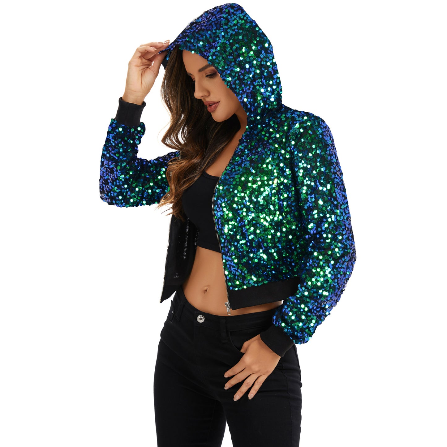 Sequin Zip-Up Hooded Jacket with Ribbed Hem and Long Sleeves for Party Wear