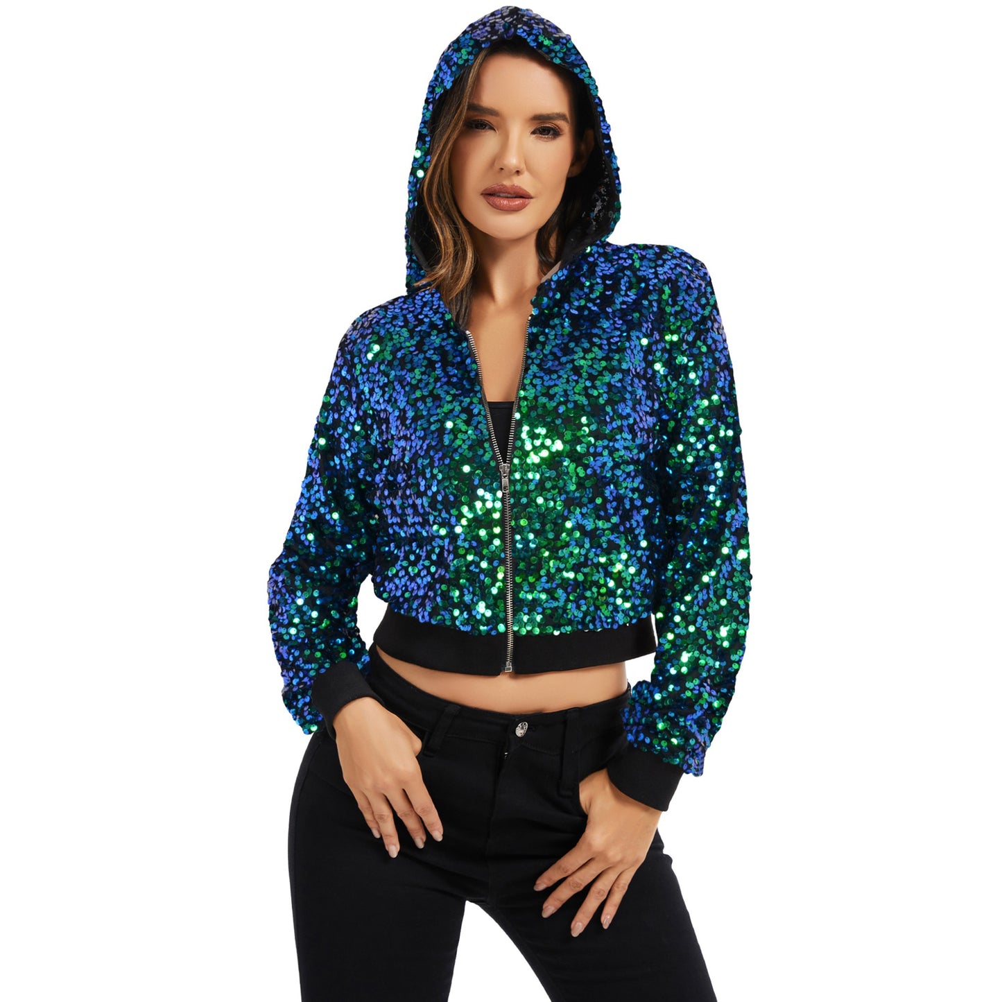 Sequin Zip-Up Hooded Jacket with Ribbed Hem and Long Sleeves for Party Wear