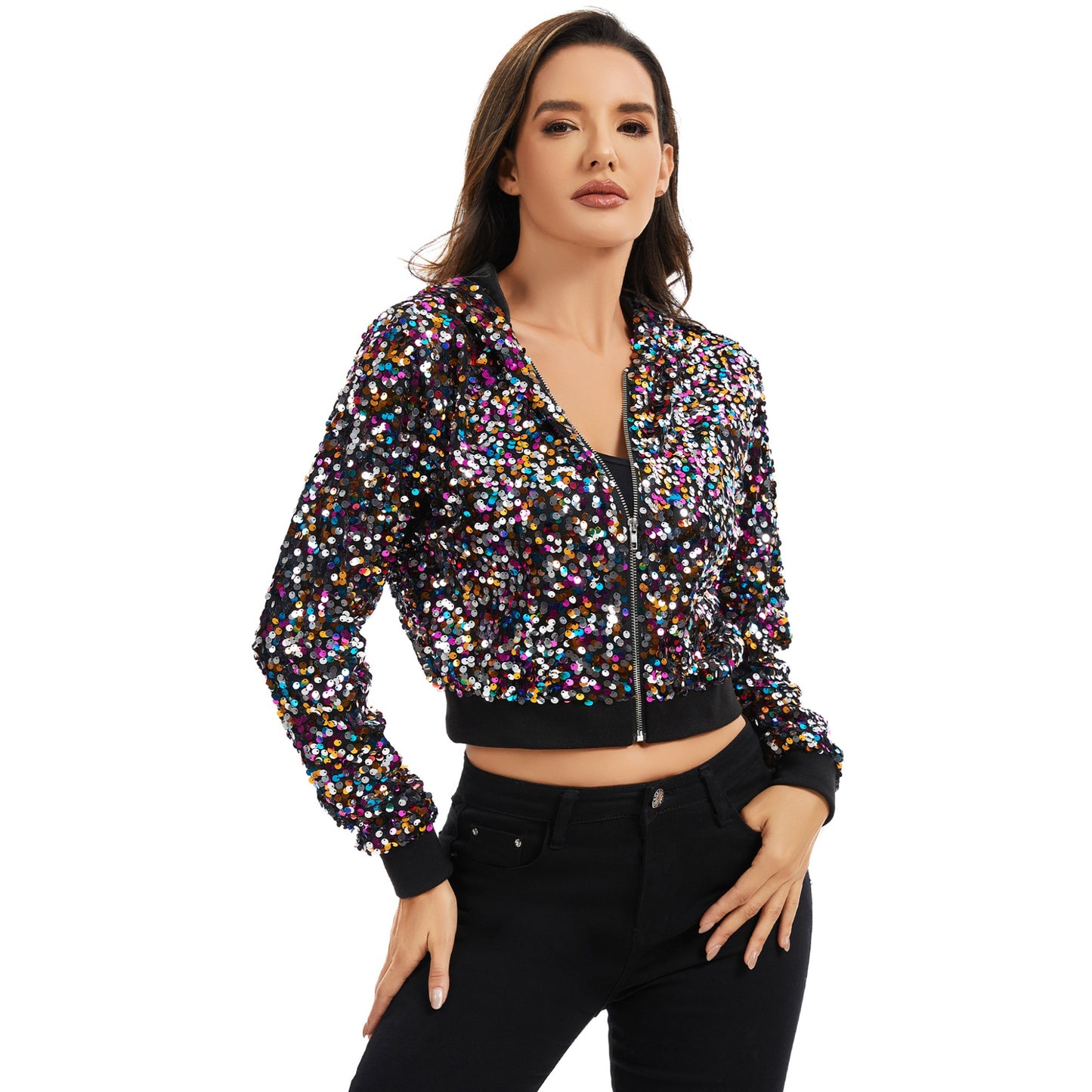 Sequin Zip-Up Hooded Jacket with Ribbed Hem and Long Sleeves for Party Wear