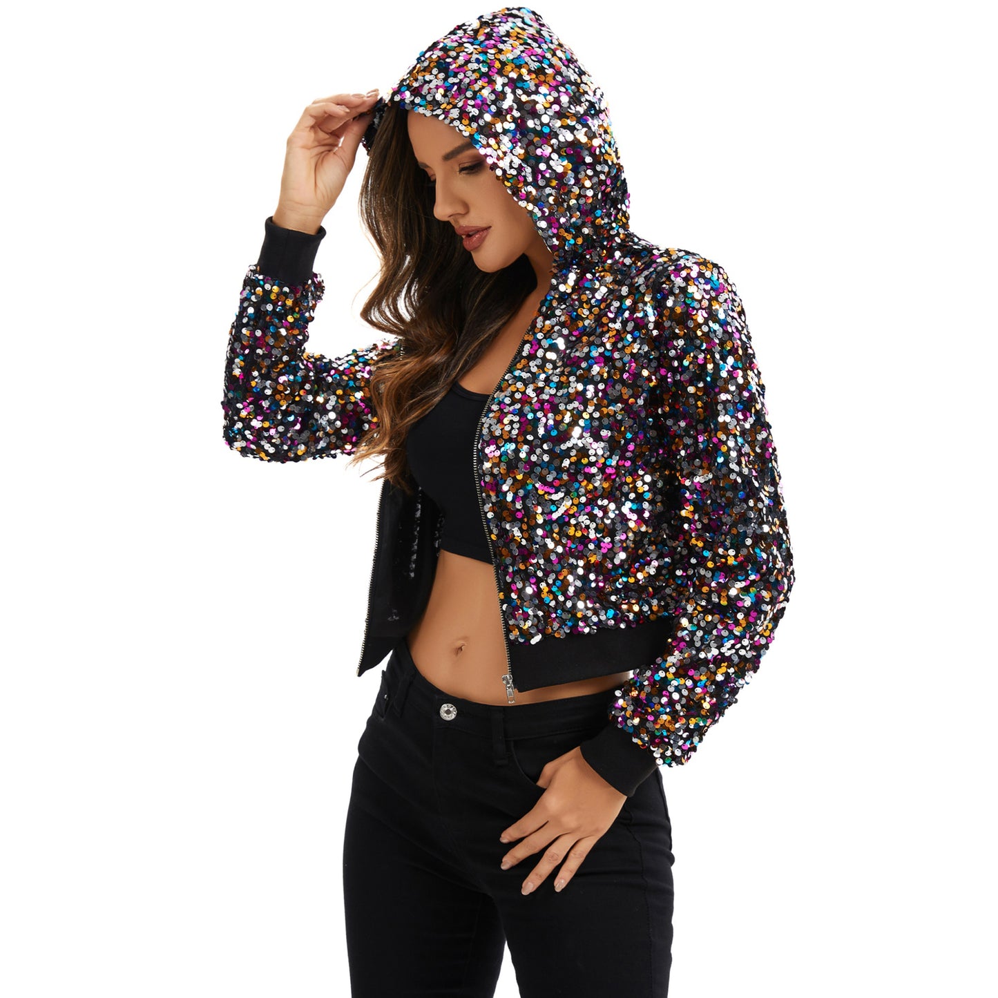 Sequin Zip-Up Hooded Jacket with Ribbed Hem and Long Sleeves for Party Wear