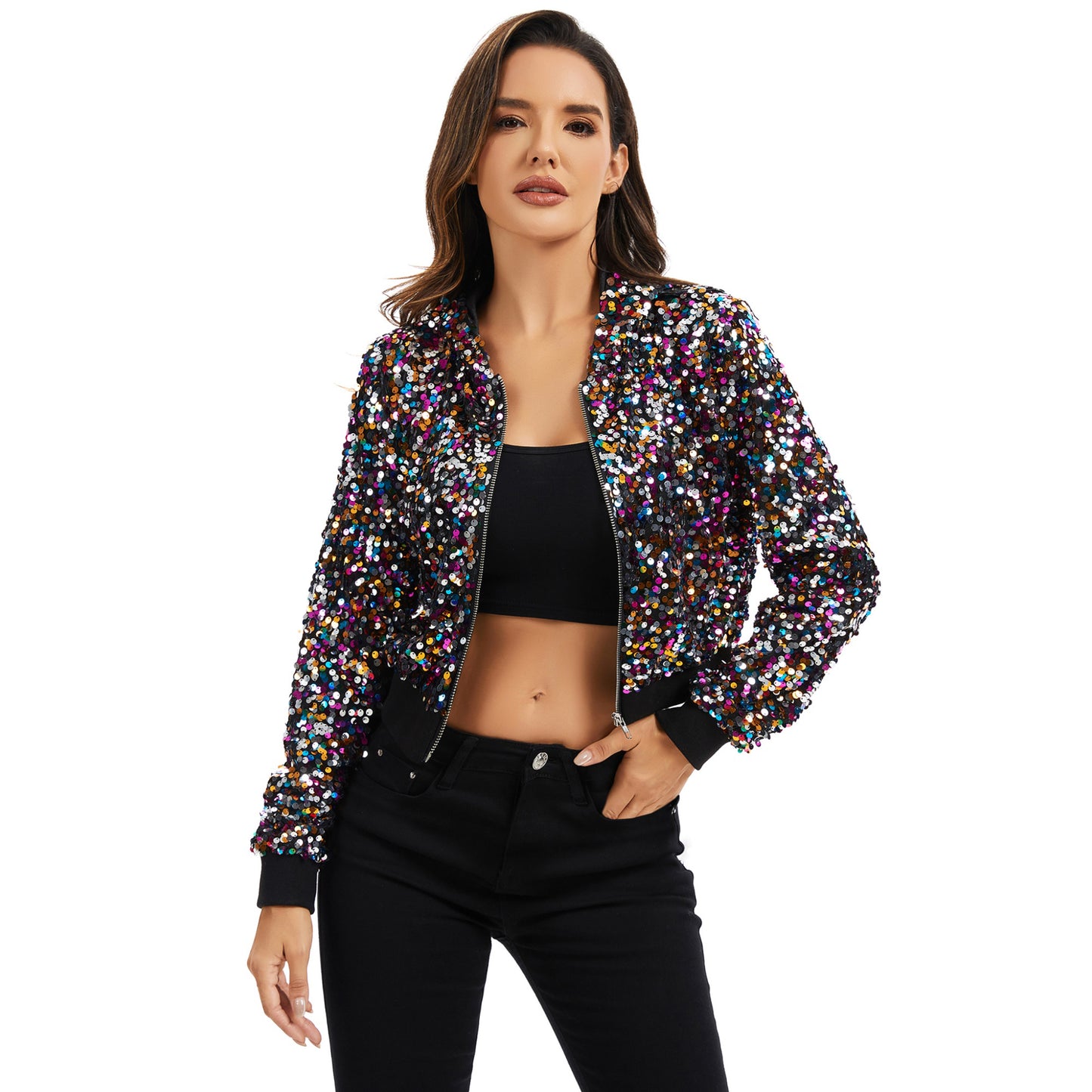 Sequin Zip-Up Hooded Jacket with Ribbed Hem and Long Sleeves for Party Wear