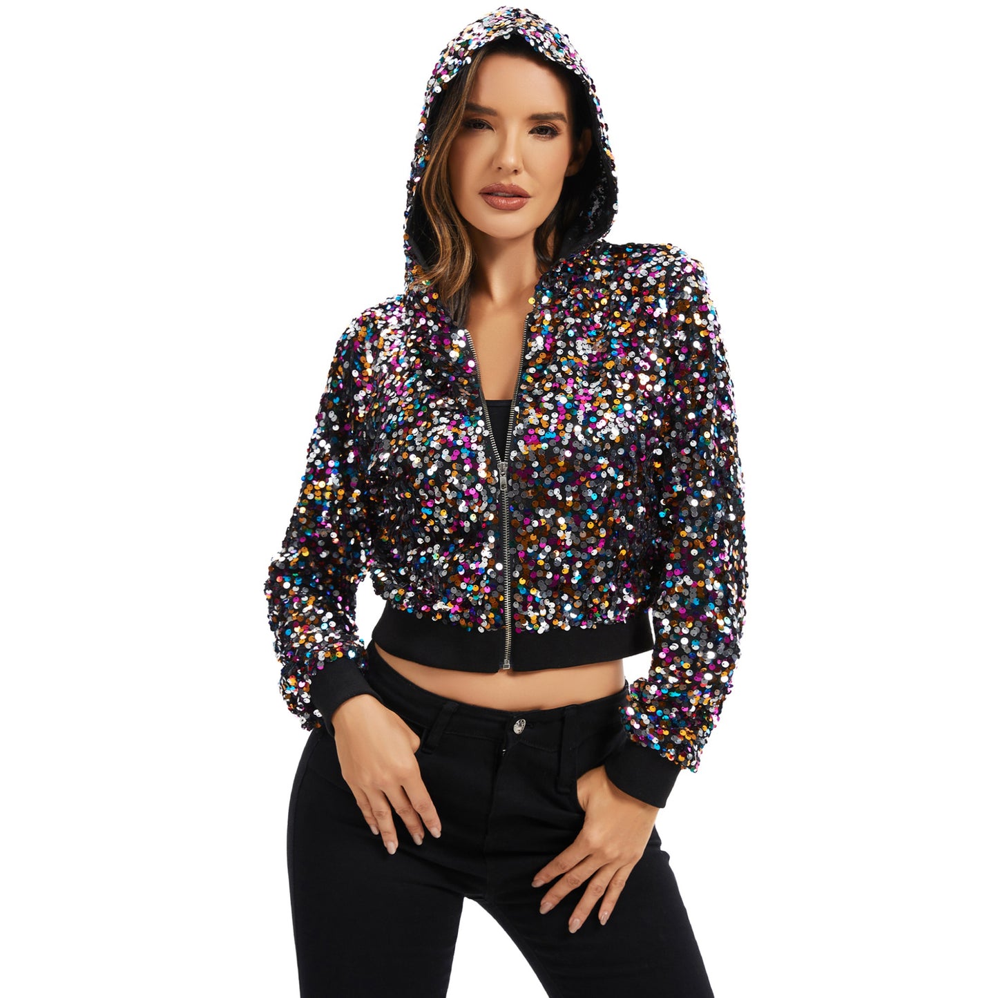 Sequin Zip-Up Hooded Jacket with Ribbed Hem and Long Sleeves for Party Wear
