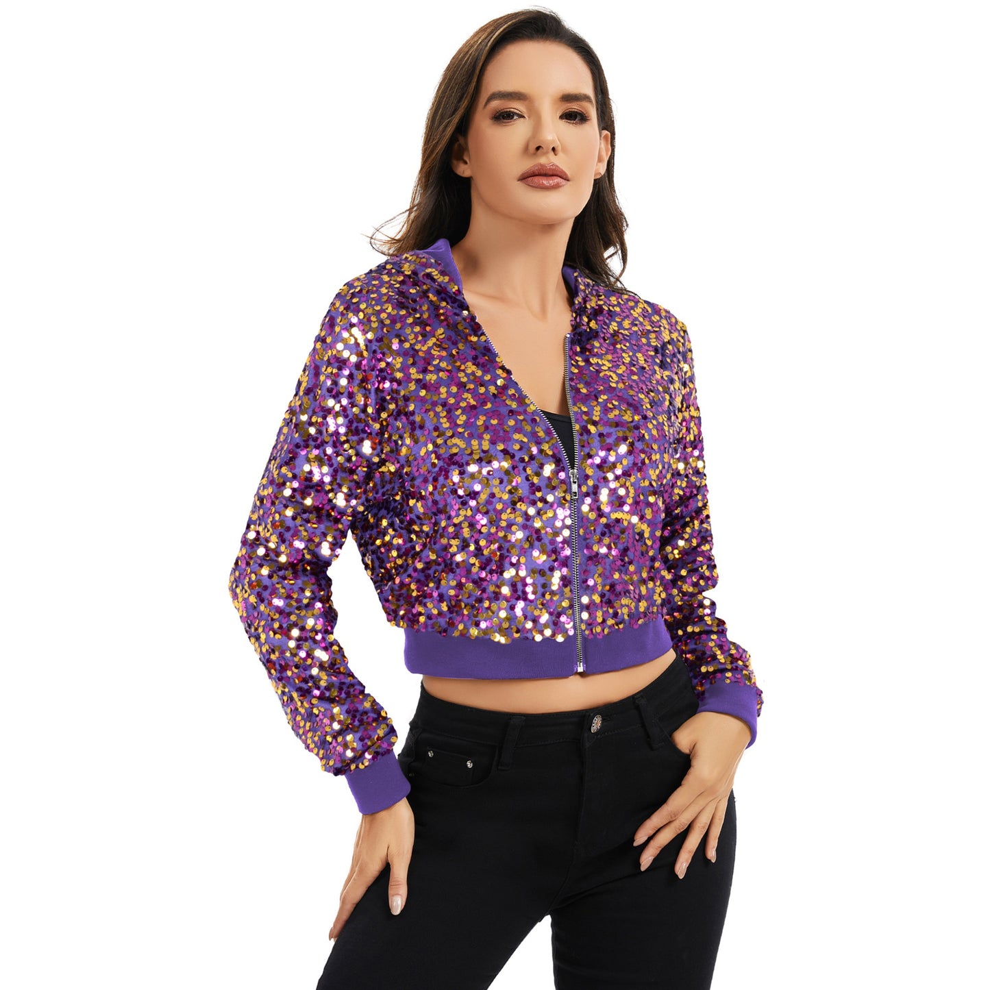 Sequin Zip-Up Hooded Jacket with Ribbed Hem and Long Sleeves for Party Wear