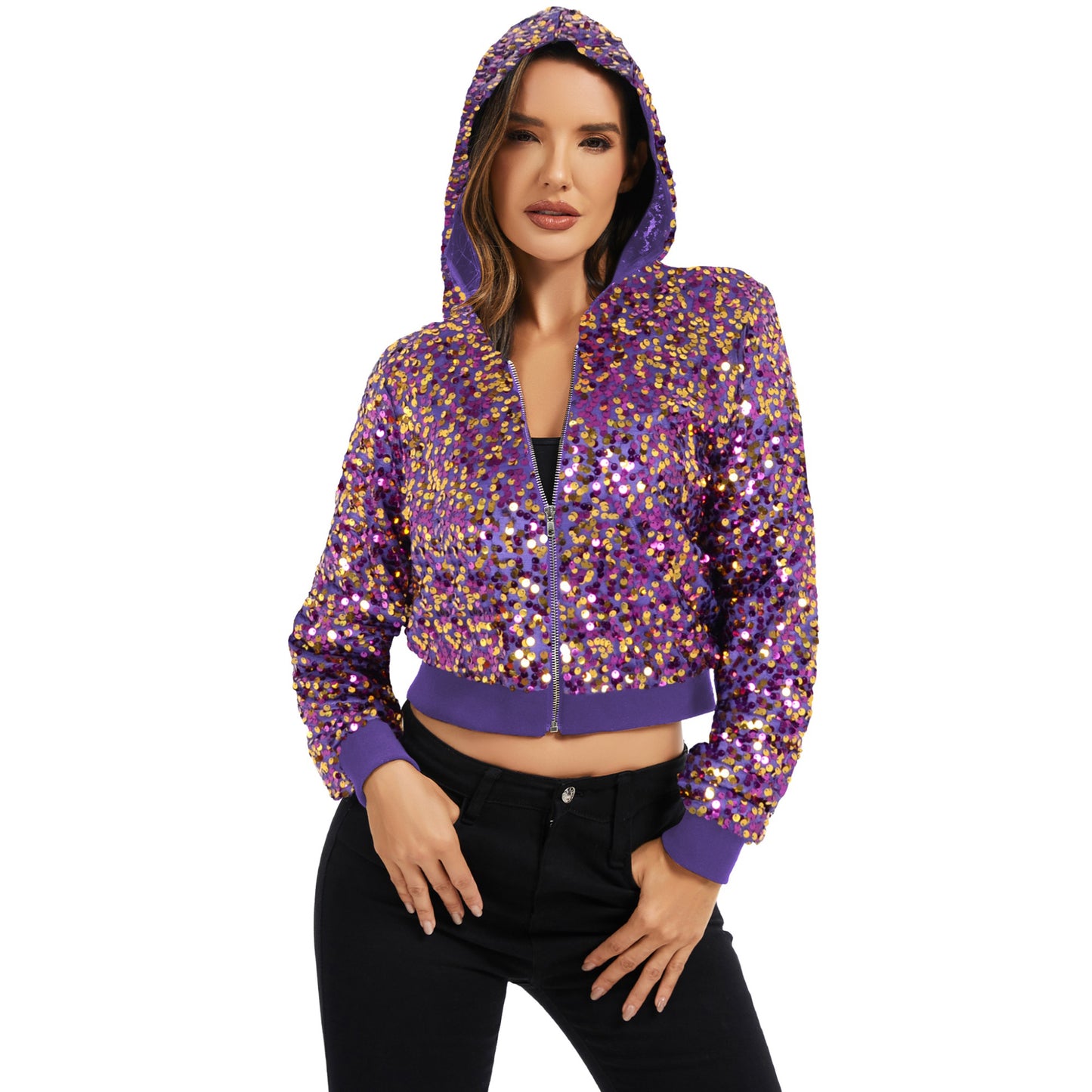 Sequin Zip-Up Hooded Jacket with Ribbed Hem and Long Sleeves for Party Wear