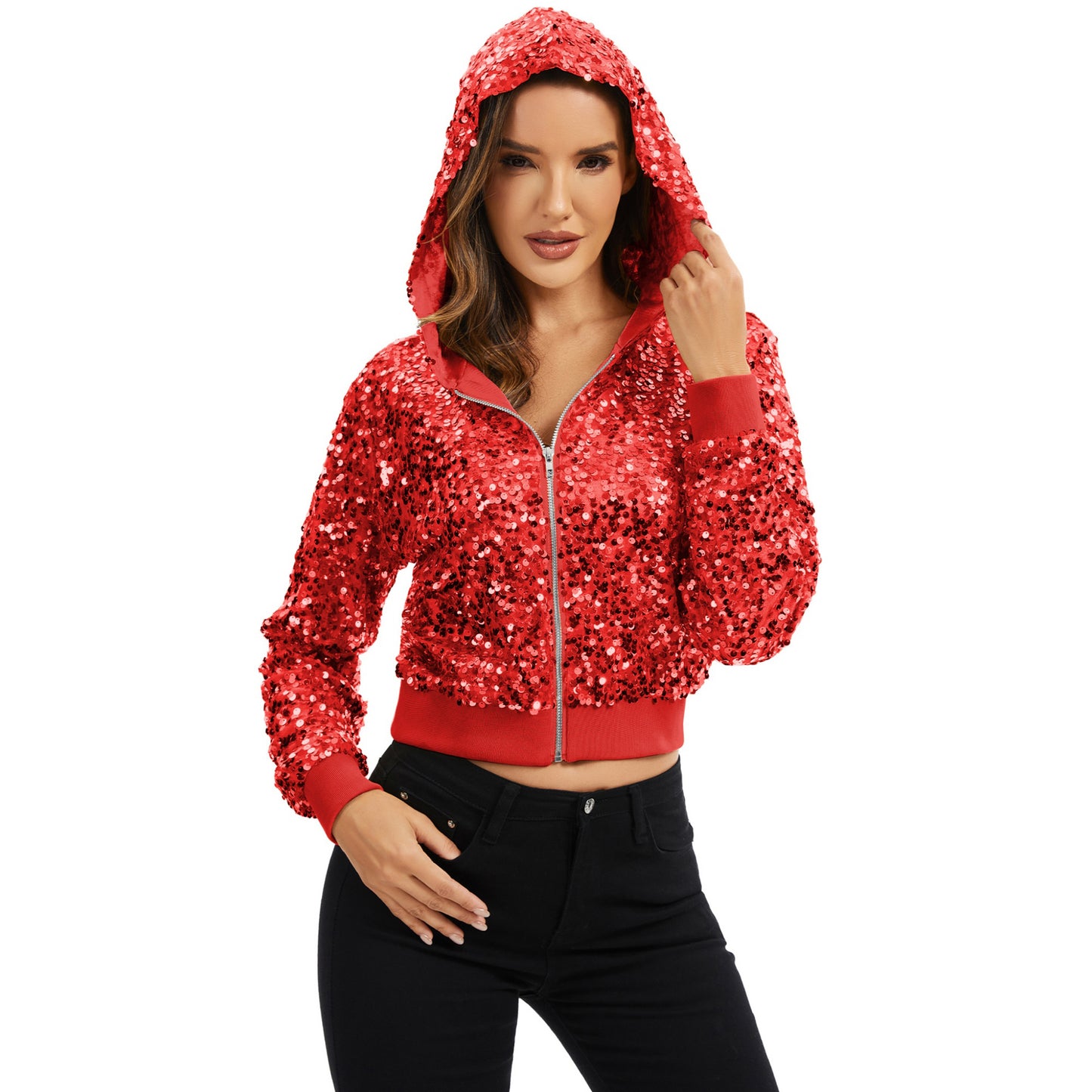 Sequin Zip-Up Hooded Jacket with Ribbed Hem and Long Sleeves for Party Wear