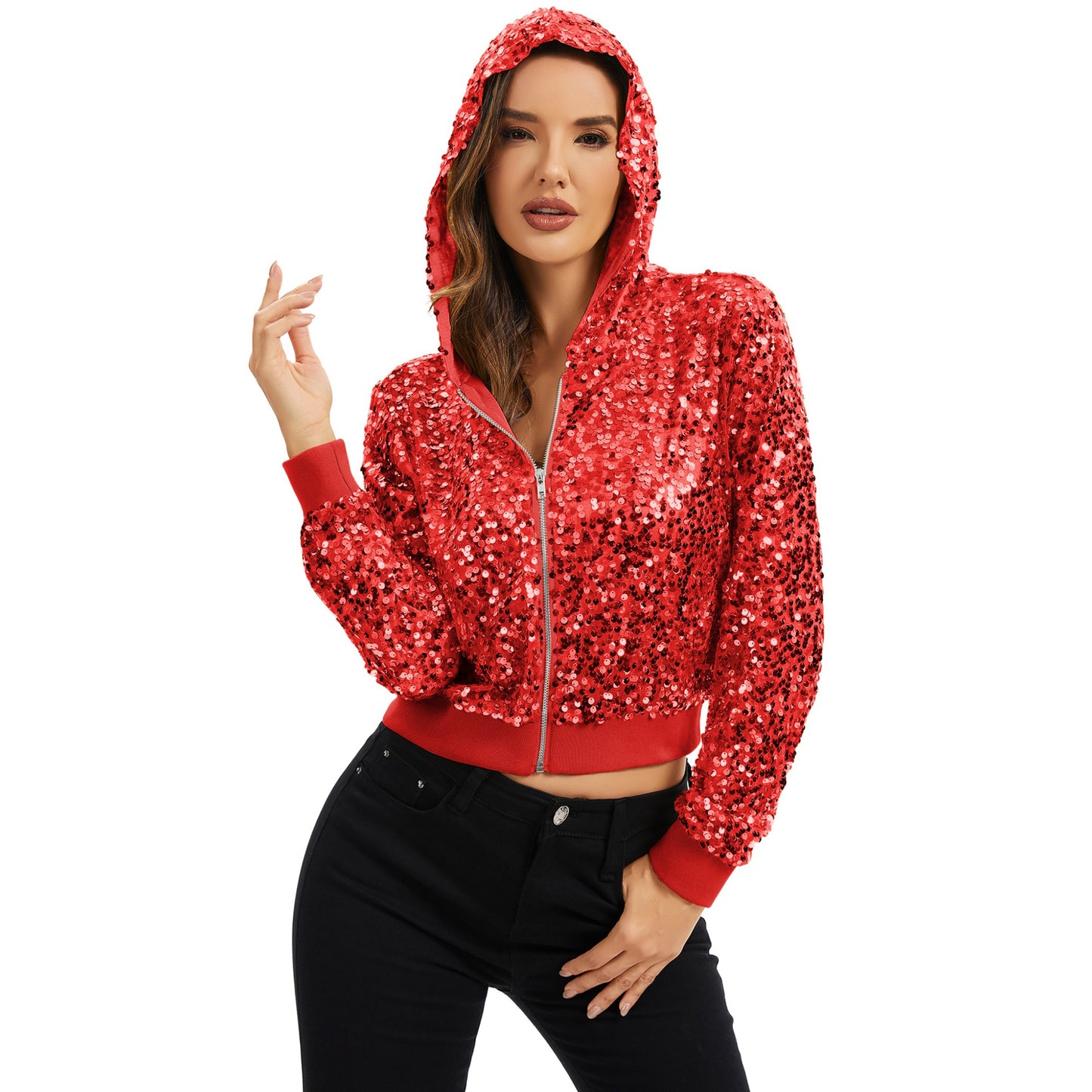 Sequin Zip-Up Hooded Jacket with Ribbed Hem and Long Sleeves for Party Wear
