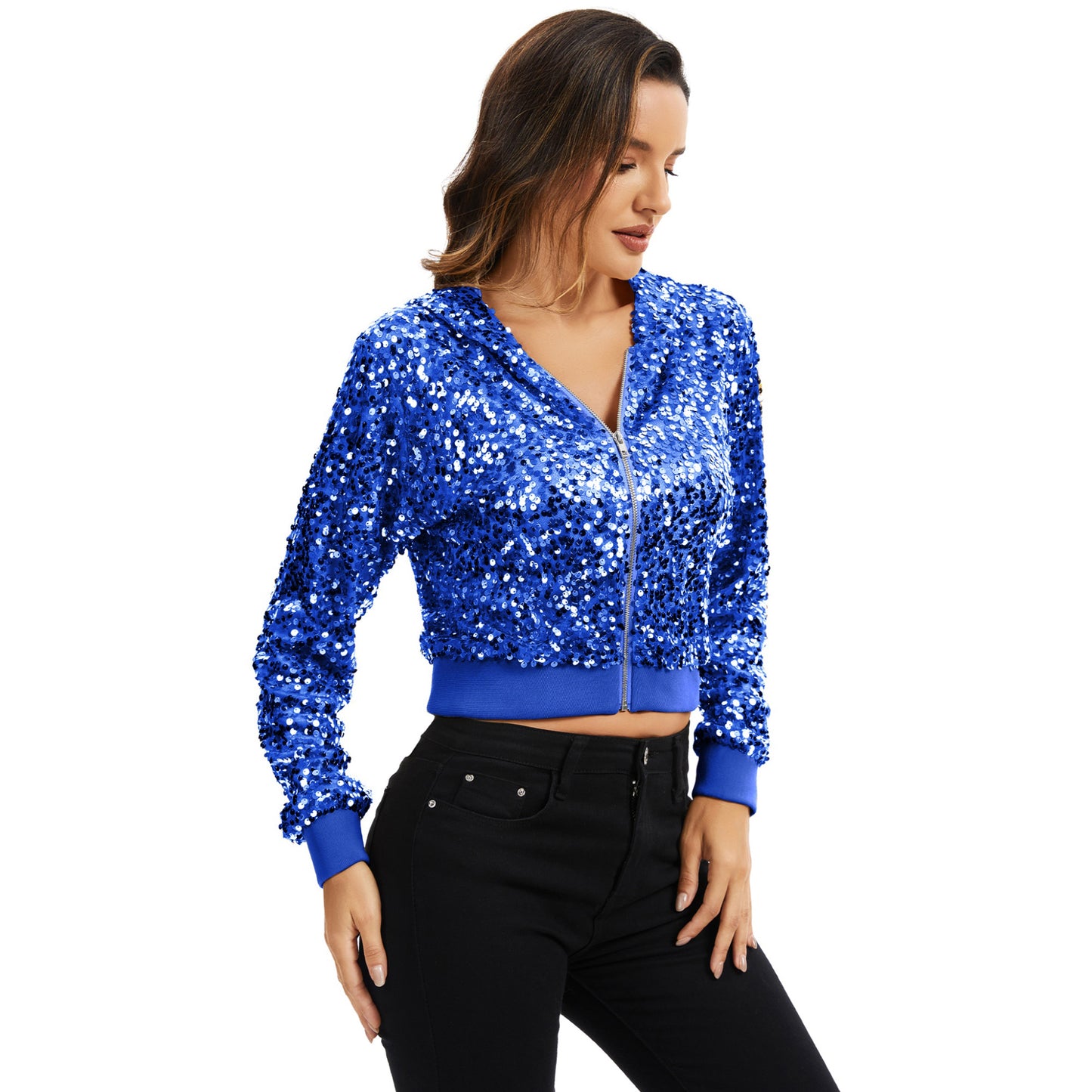 Sequin Zip-Up Hooded Jacket with Ribbed Hem and Long Sleeves for Party Wear