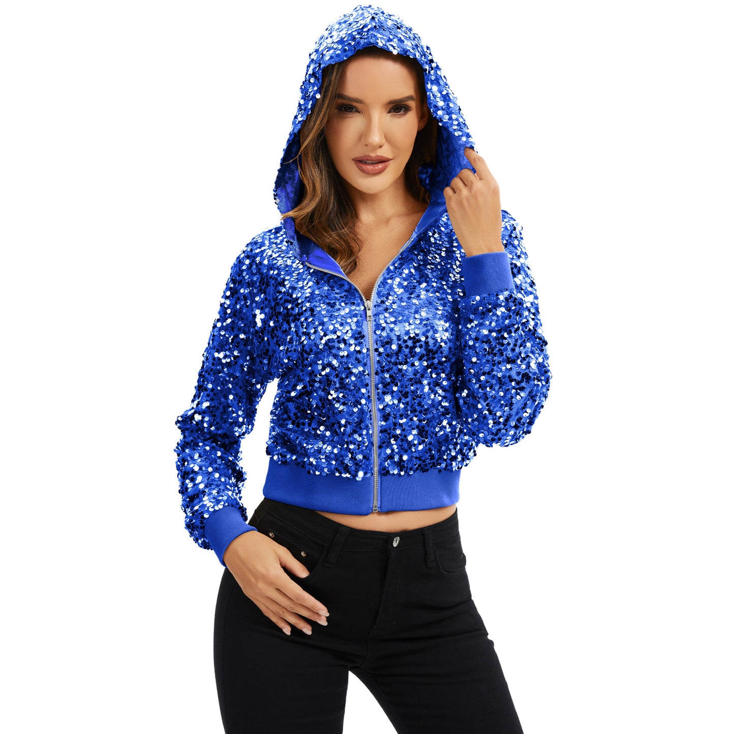 Sequin Zip-Up Hooded Jacket with Ribbed Hem and Long Sleeves for Party Wear
