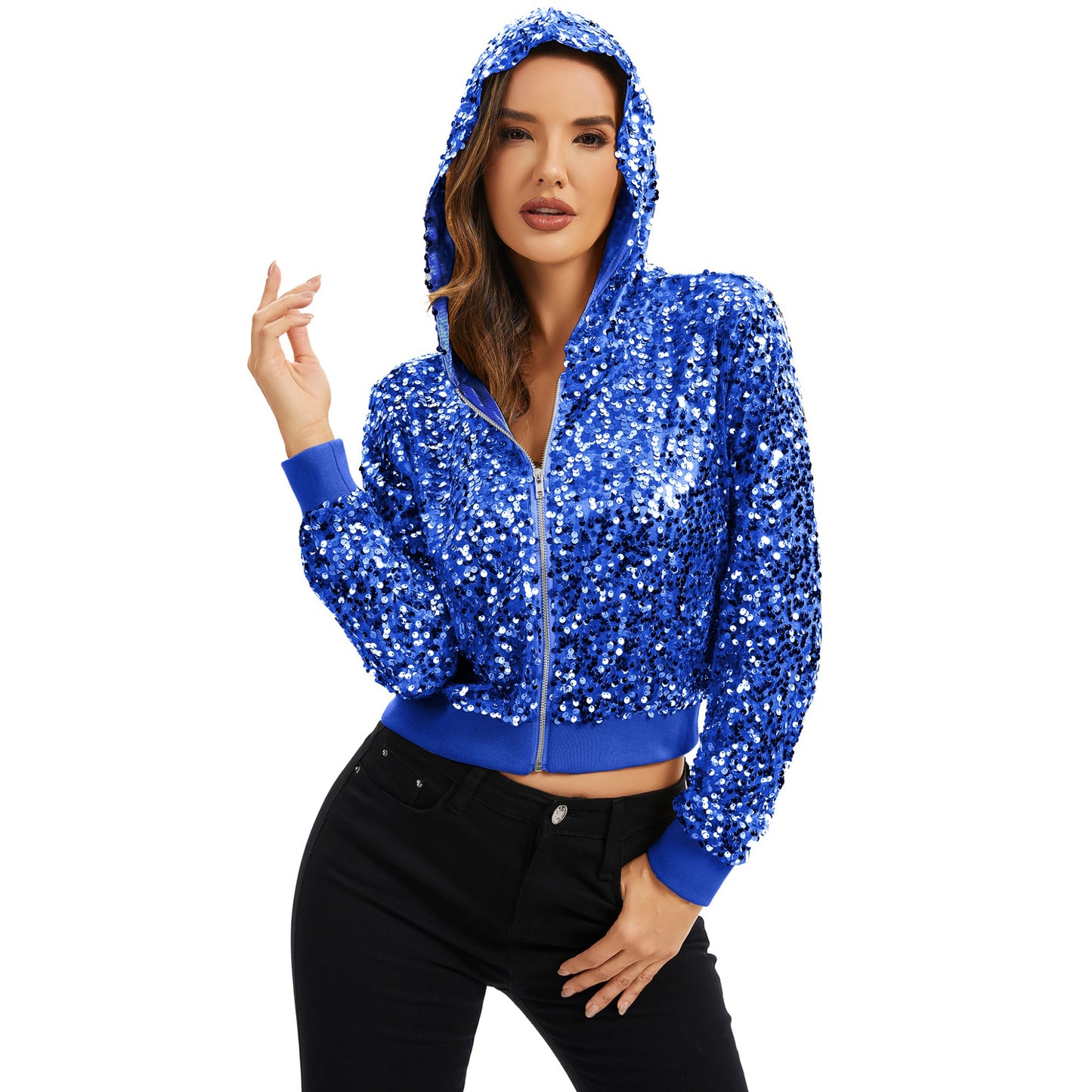 Sequin Zip-Up Hooded Jacket with Ribbed Hem and Long Sleeves for Party Wear