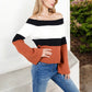 Off-Shoulder Ribbed Sweater with Color Block Flared Sleeves