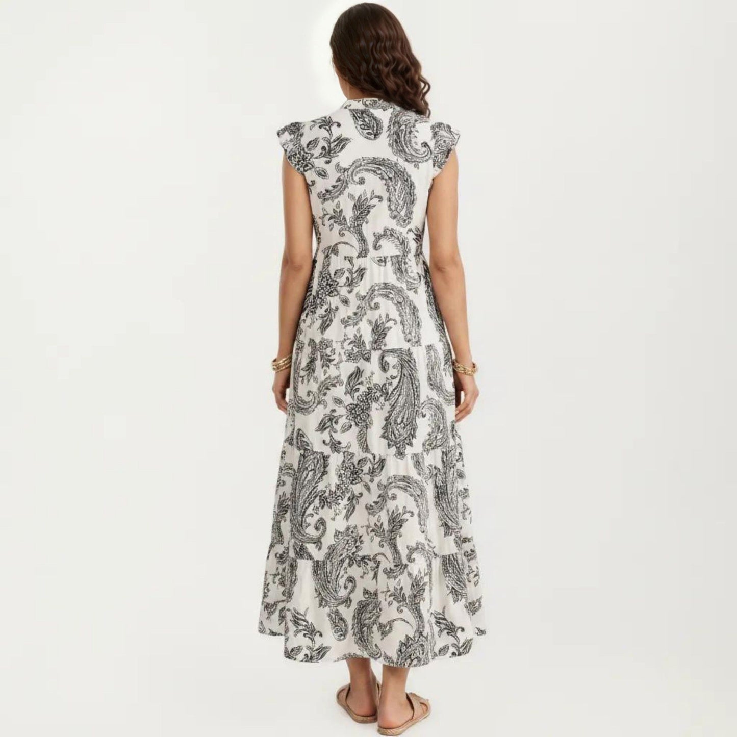 Paisley Print Flutter Sleeve Tiered Maxi Dress