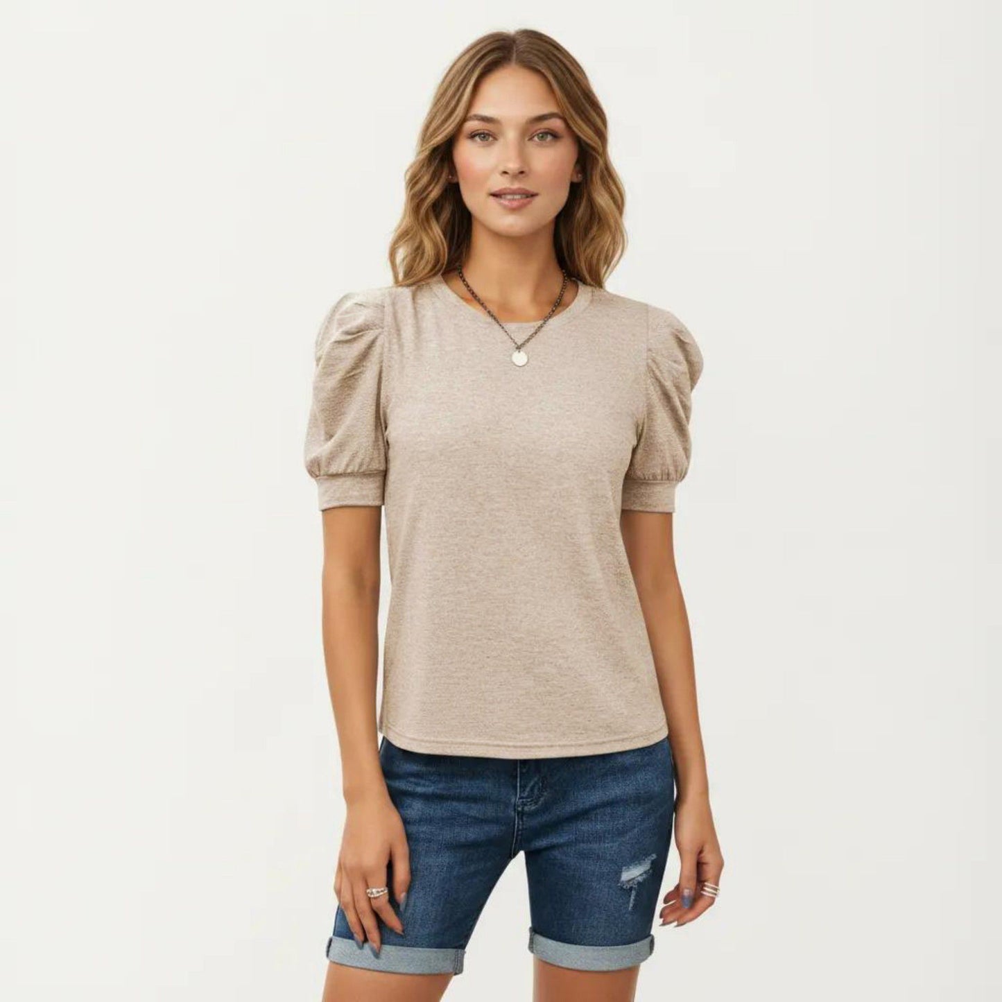 Short Sleeve Puff Sleeve Knit Top with Crew Neck and Soft Textured Fabric