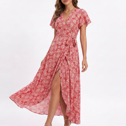 Floral Print Wrap Maxi Dress with V Neck Short Flutter Sleeves Tie Waist and Front Slit