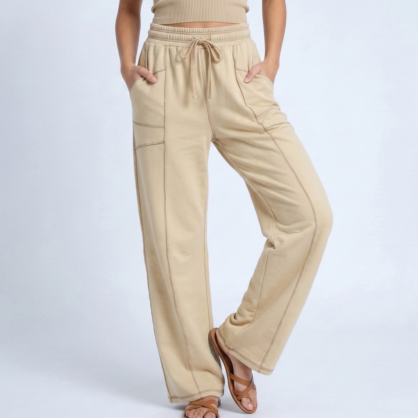 High Rise Drawstring Wide Leg Utility Pants with Patch Pockets