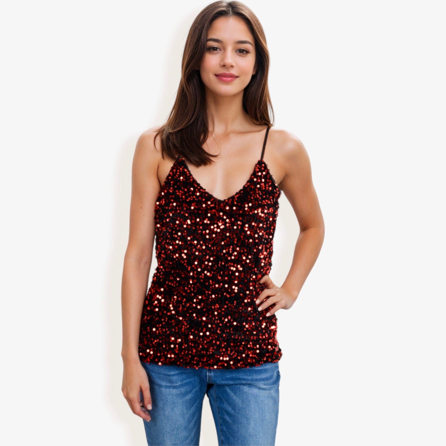 Sequined Spaghetti Strap V-Neck Camisole Top Party Night Out