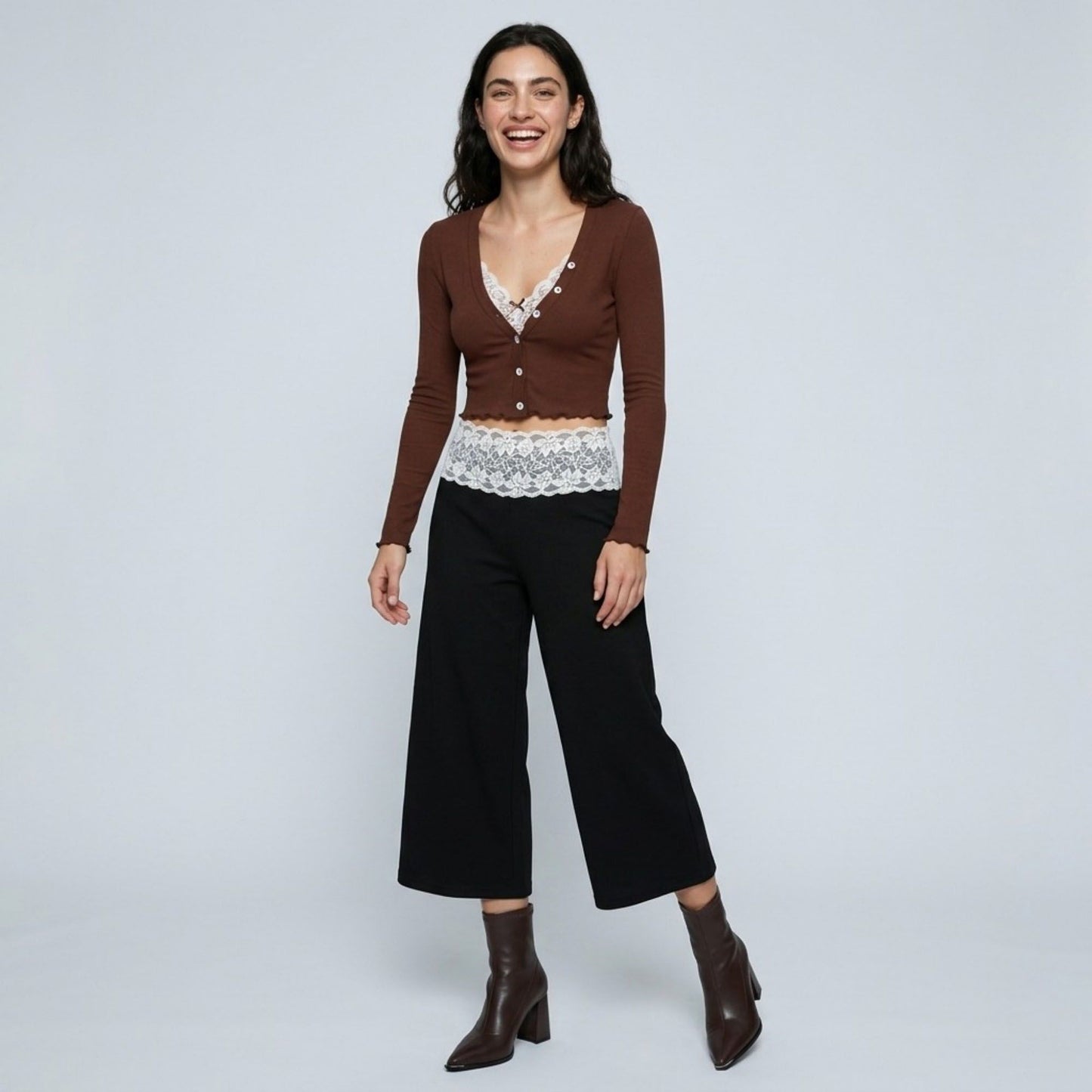 Lace Contrast Waistband Cropped Wide-Leg Trousers