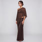 Sheer Open Knit Asymmetrical Poncho Top with One Shoulder Neckline, Draped Sleeve and Pointed Hem