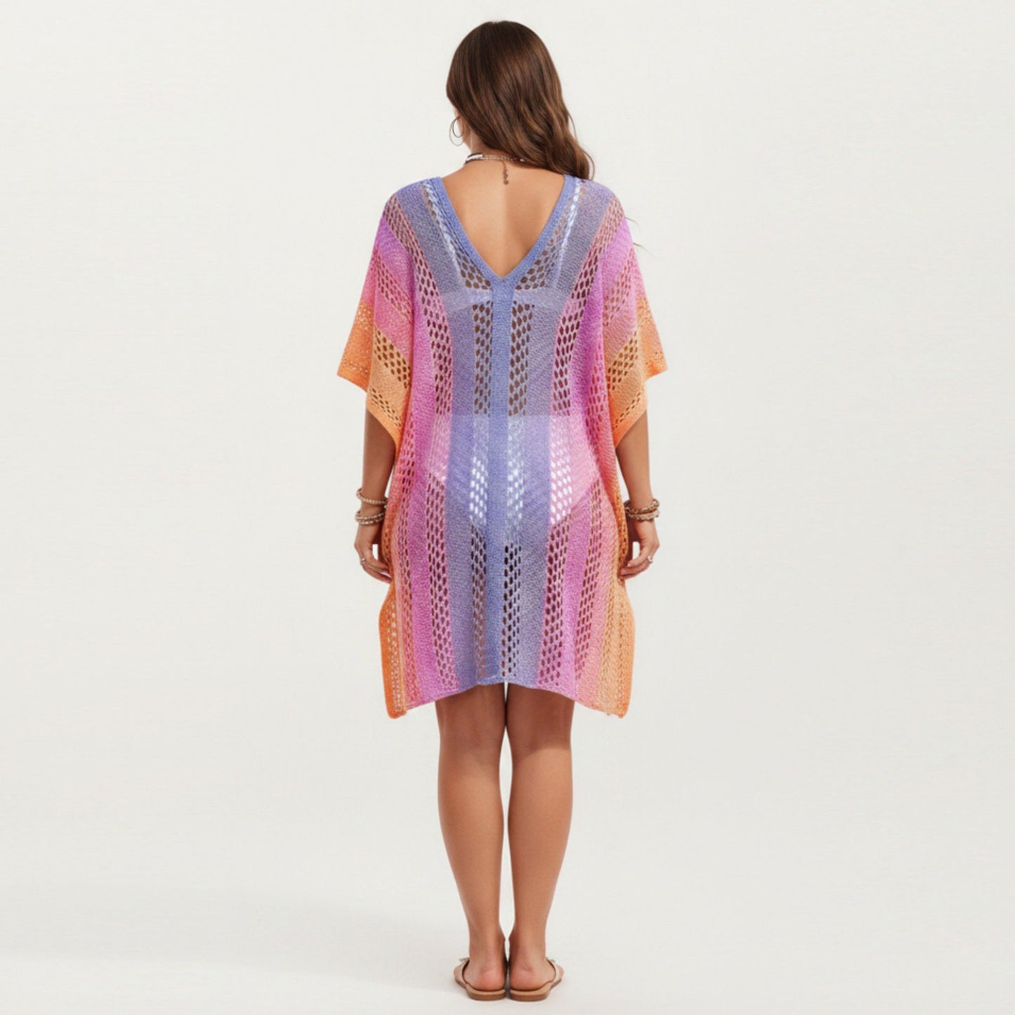 Ombre Crochet Swim Cover Up Dress with Open Knit Mesh Design V Neck Short Sleeves Relaxed Fit