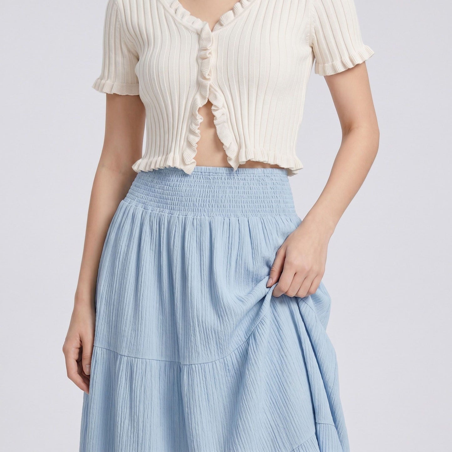 High Waist Smocked Tiered Maxi Skirt Boho Flowy Textured Long Skirt