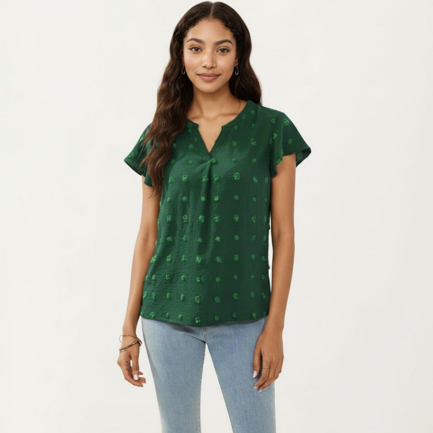 Short Sleeve Swiss Dot Top with Split Neckline and Soft Textured Fabric