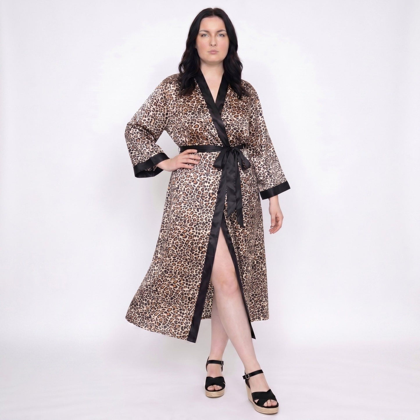 Plus Size Leopard Print Satin-Like Wrap Robe with Long Kimono Sleeves Contrast Trim and Self Tie Waist