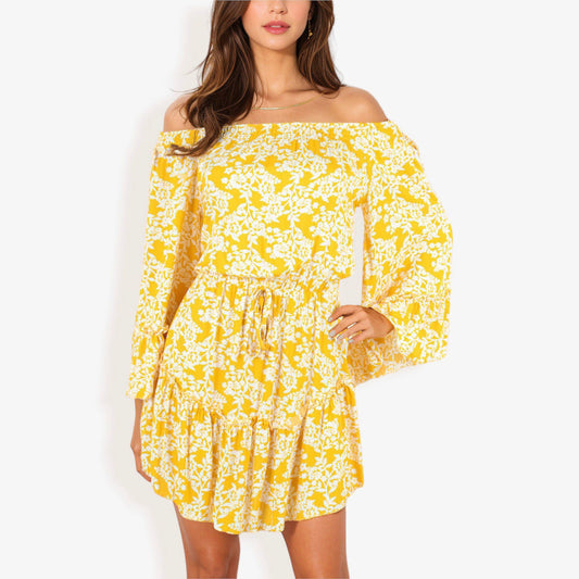 Off Shoulder Floral Print Dress Balloon Sleeves Ruffle Hem