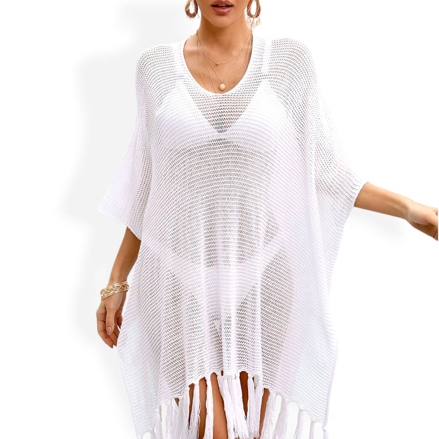 Mesh Knit Cover-Up with Tassel Hem and V-Neck Design