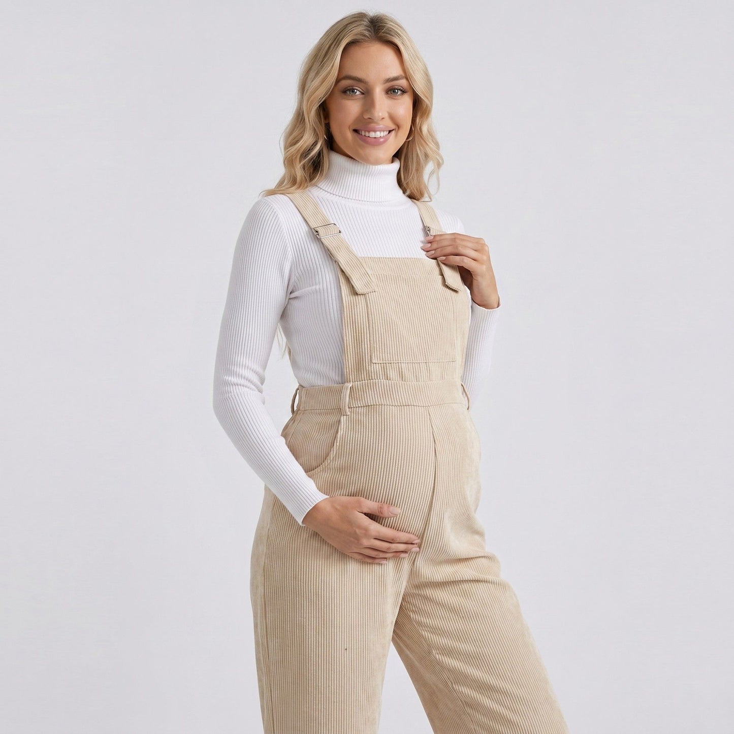 Maternity Corduroy Overall Jumpsuit with Adjustable Straps and Wide Leg Fit