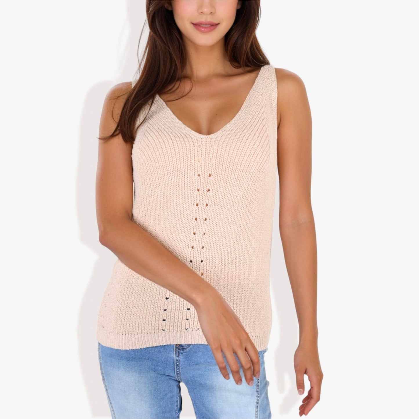 V-Neck Knit Tank Top With Eyelet Detail