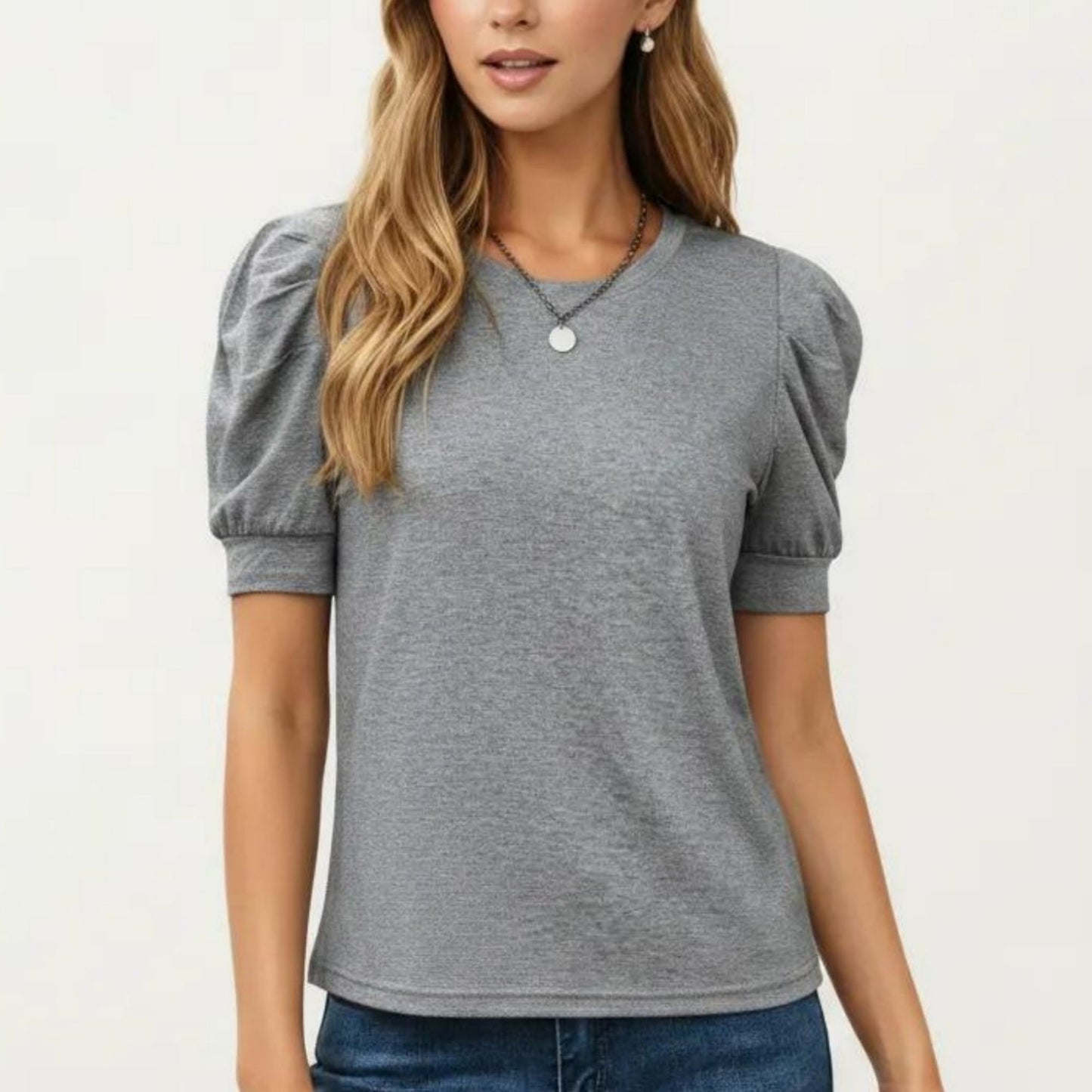 Short Sleeve Puff Sleeve Knit Top with Crew Neck and Soft Textured Fabric
